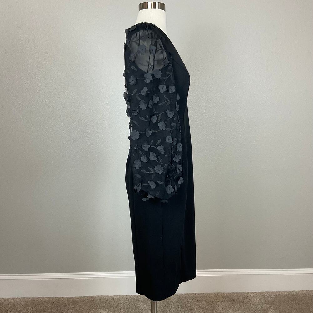 Eliza J Black Cocktail Dress Embroidered Floral Long Sleeve Midi Sheath Size 6 - Picture 4 of 13